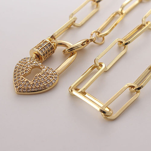 Estilo vintage streetwear forma de coração bloqueio cobre polimento chapeamento incrustação zircão 18k banhado a ouro pingente colar