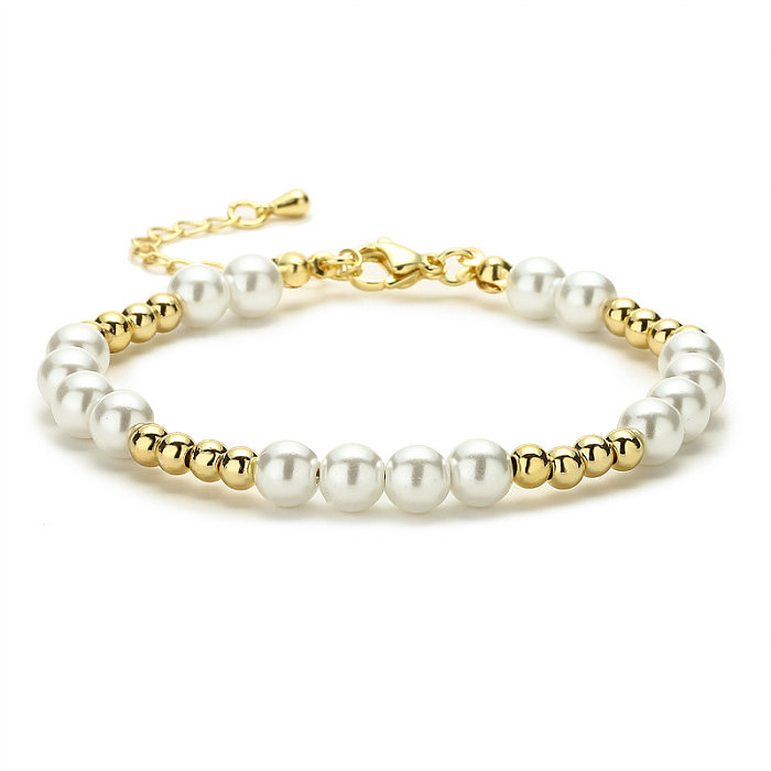 Simple Style Round Copper Beaded Pearl Plating Gold Plated Bracelets