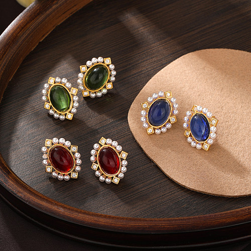 1 paire de clous d'oreilles plaqués or 18 carats, incrustation ovale de Style romain de Style Vintage, perles artificielles en cuivre, résine Zircon