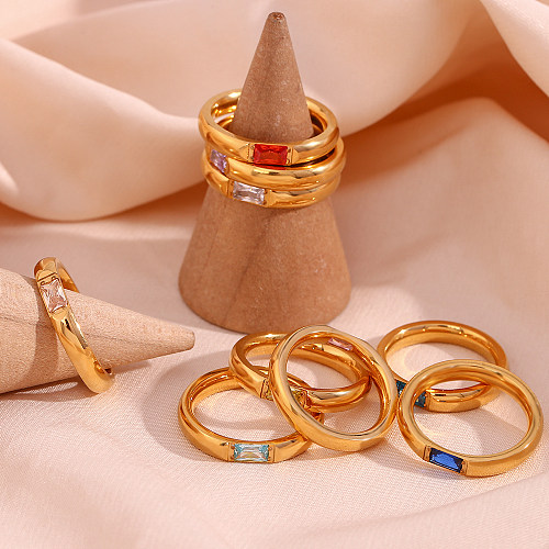 Anéis de zircão de pedra do mês com chapeamento de aço inoxidável retangular da moda