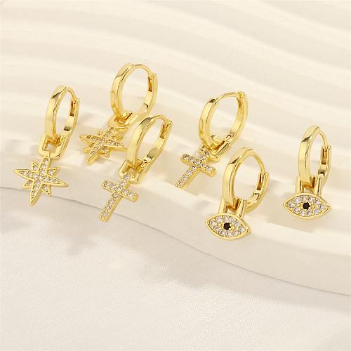 1 Pair Retro Simple Style Cross Devil'S Eye Star Plating Inlay Copper Zircon 18K Gold Plated Drop Earrings
