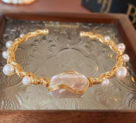 Bracelet rétro en cuivre avec perles d'eau douce, en vrac