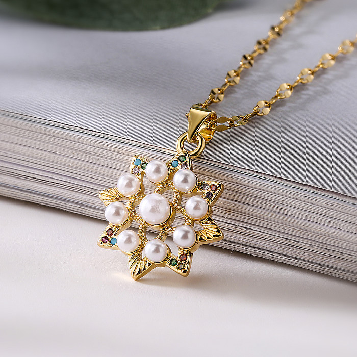 Simple Style Commute Star Copper Plating Inlay Artificial Pearls Zircon 18K Gold Plated Pendant Necklace