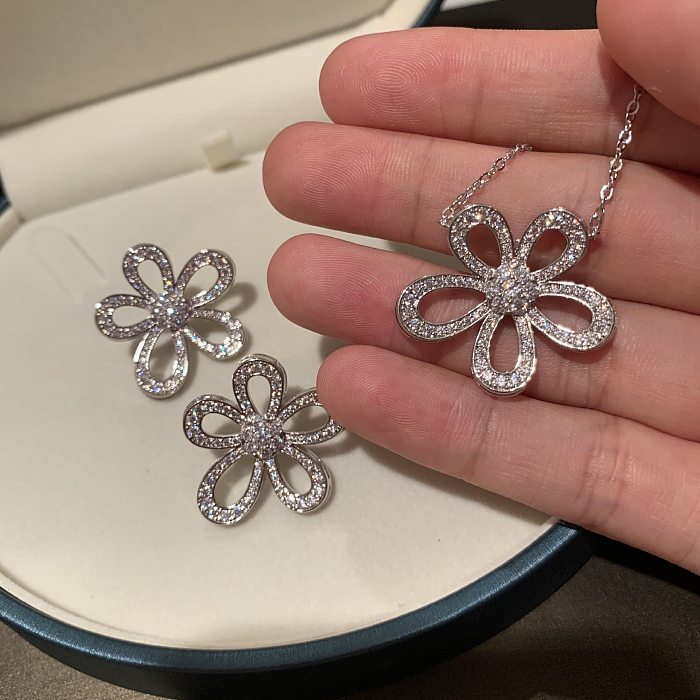 Lady Flower Copper Plating Inlay Zircon Earrings Necklace