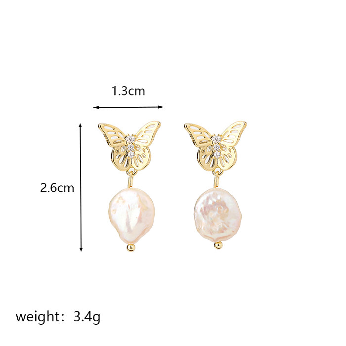 1 Pair Baroque Style British Style Commute Flower Butterfly Plating Inlay Copper Freshwater Pearl Zircon 14K Gold Plated 18K Gold Plated Drop Earrings