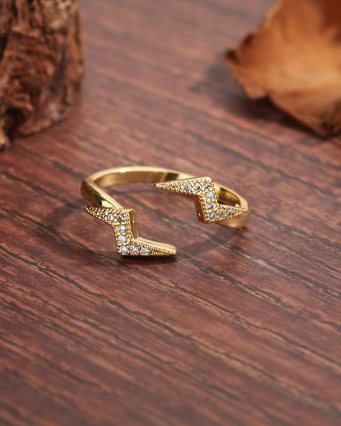 Casual Modern Style Lightning Copper Plating Inlay Zircon 18K Gold Plated Open Ring