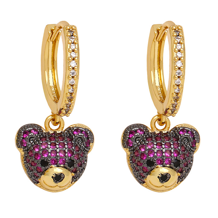 1 paire de boucles d'oreilles pendantes en cuivre et Zircon plaqué or 18 carats, Style Simple, avec incrustation d'ours
