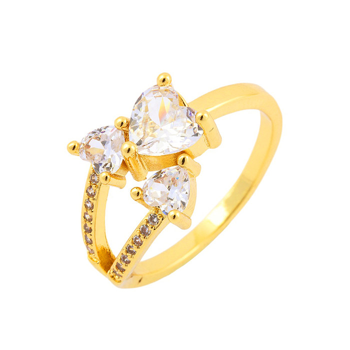 Offener Ring für Damen, glänzend, Herzform, Kupferbeschichtung, Inlay aus Zirkon, 18 Karat vergoldet