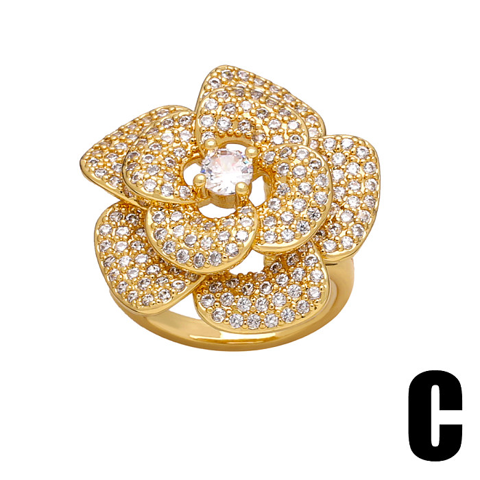 IG Style Commute Cross Flower Copper Plating Inlay Zircon 18K Gold Plated Open Rings