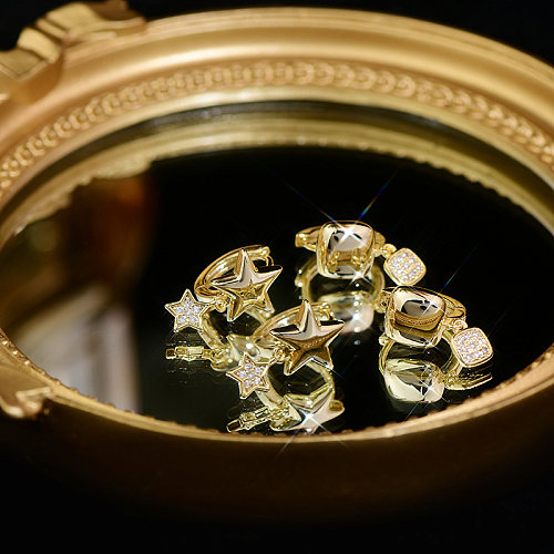 1 Paar schlichte Pendel-Ohrringe mit quadratischer Sternplattierung und Kupfer-Zirkon-Vergoldung, 14 Karat vergoldet