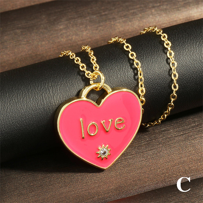 Elegant Sweet Letter Heart Shape Copper Enamel Plating Inlay Zircon 18K Gold Plated Pendant Necklace