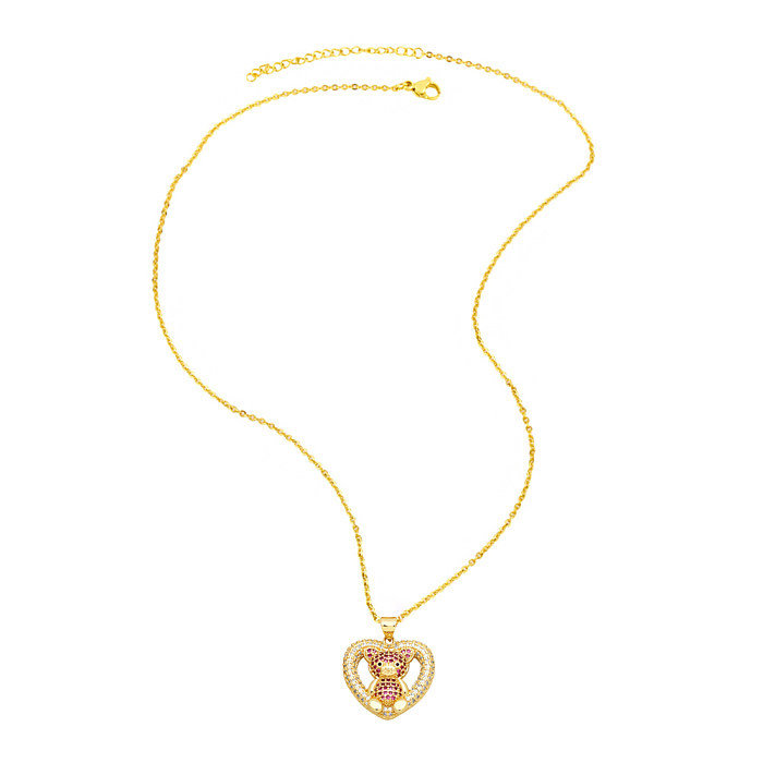 Simple Style Little Bear Heart Shape Copper 18K Gold Plated Zircon Pendant Necklace In Bulk
