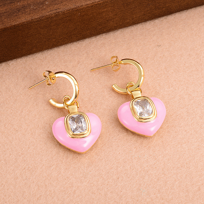 1 Pair IG Style Sweet Heart Shape Plating Inlay Copper Zircon 18K Gold Plated Drop Earrings