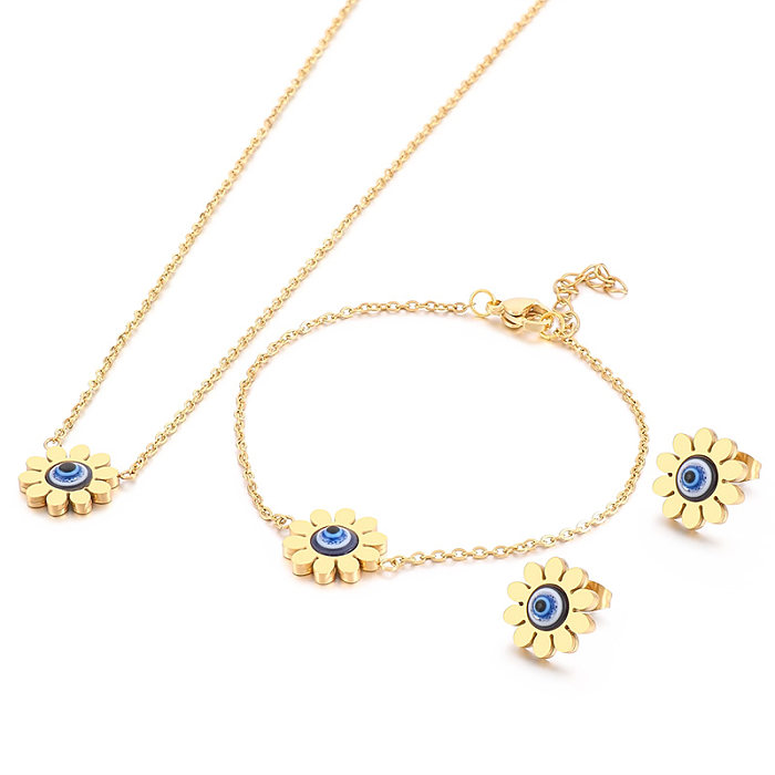 Casual Vacation Sunflower Eye Titanium Steel Plating 18K Gold Plated Jewelry Set
