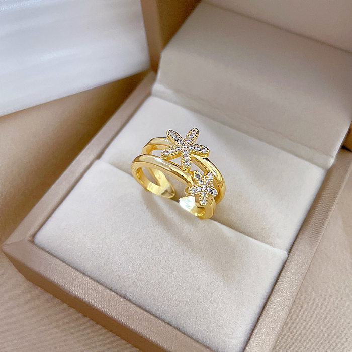 Fashion Starfish Brass Gold Plated Rhinestones Open Ring