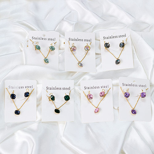 Mode geometrische Edelstahl künstliche Edelsteine ​​Ohrringe Halskette 1 Set