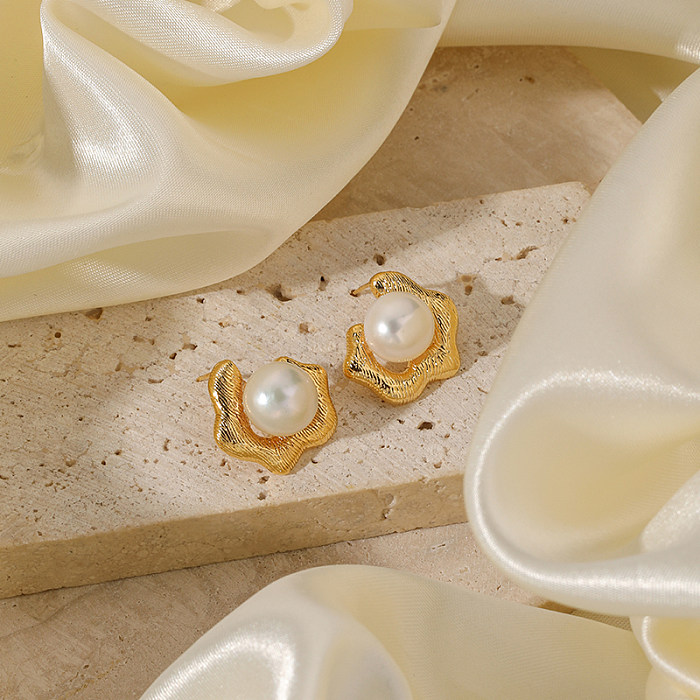 1 paire de clous d'oreilles rétro géométriques, incrustation ronde en cuivre, perles artificielles en verre plaqué or 18 carats