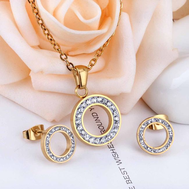 Fashion Circle Stainless Steel Plating Zircon Earrings Necklace 1 Set