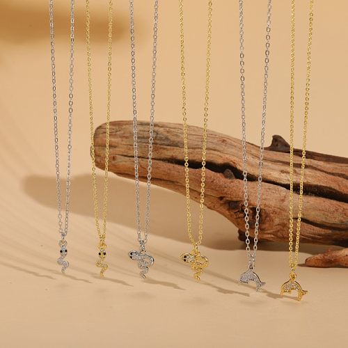 Einfache Pendel-Halskette mit Delfin- und Schlangenverkupferung, Inlay aus Zirkon, 14 Karat vergoldet, Weißgold plattiert