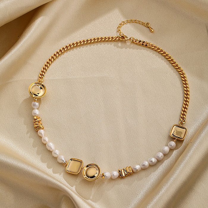 IG Style élégant rond carré cuivre perlé placage perle d'eau douce Zircon 18K plaqué or collier