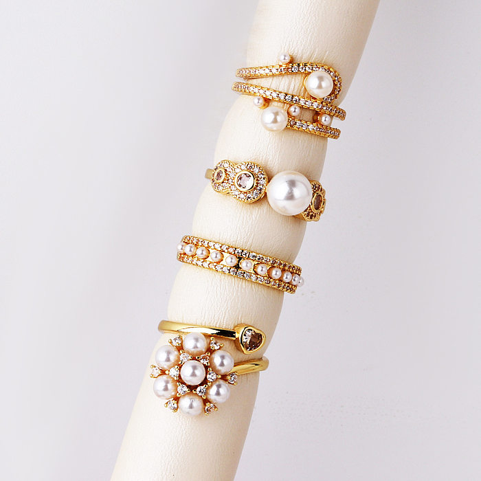 Elegante estilo vintage círculo formato de coração revestimento de cobre embutido pérola zircão anéis abertos banhados a ouro