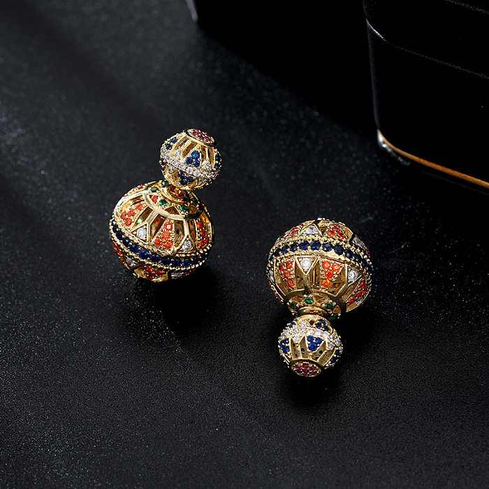 Retro Geometric Copper Inlay Zircon Ear Studs 1 Pair