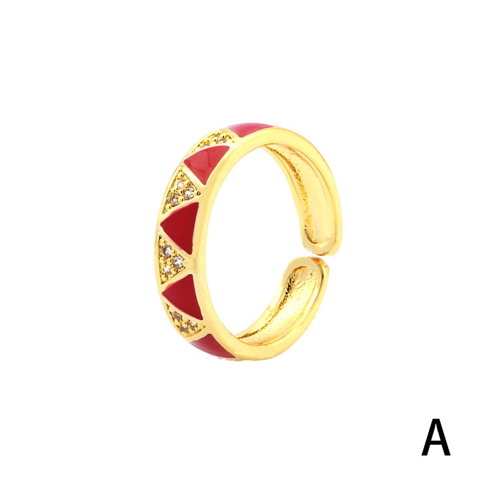 Sweet Simple Style Triangle Copper Enamel Plating Inlay Zircon 18K Gold Plated Open Rings