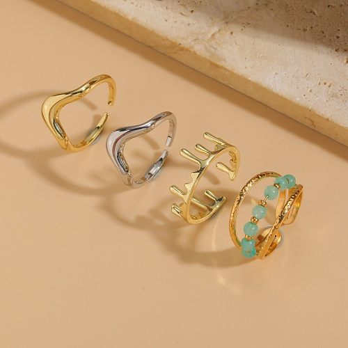 Casual Vintage Style Simple Style Solid Color Titanium Steel Copper Plating Inlay Jade 14K Gold Plated White Gold Plated Open Rings