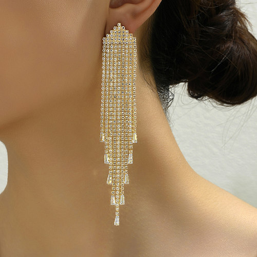 1 Pair Exaggerated Shiny Tassel Plating Inlay Copper Crystal Glass 18K Gold Plated Drop Earrings