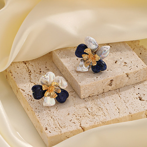 1 paire de clous d'oreilles en cuivre, incrustation de fleurs de trajet, perle baroque, Lapis Lazuli