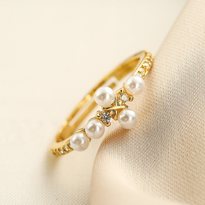Simple Style Geometric Copper Plating Inlay Artificial Pearls Zircon 18K Gold Plated Open Ring