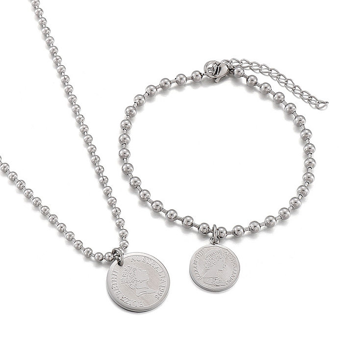 Collier de perles rondes en acier inoxydable, Bracelet, Portrait d'elizabeth, costume rétro