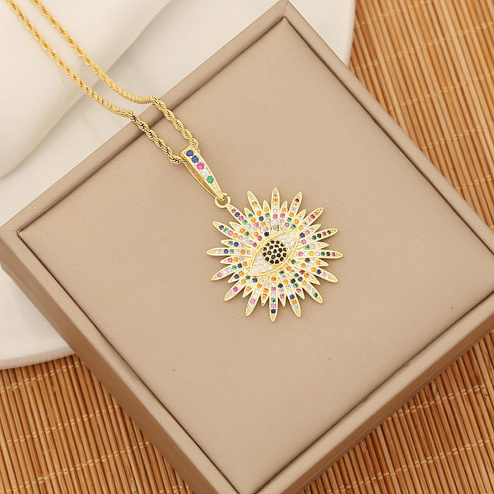 Casual Eye Flower Stainless Steel Copper Enamel Inlay Natural Stone Zircon Pendant Necklace