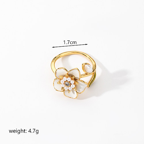 Elegant Lady Flower Copper Painted Plating Inlay Artificial Pearls Artificial Diamond 18K Gold Plated Open Rings