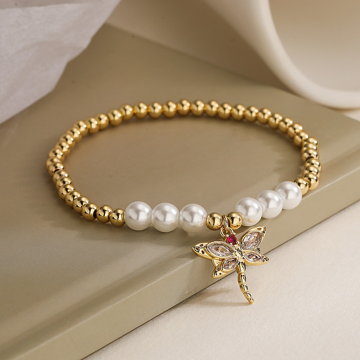 Simple Style Commute Dragonfly Butterfly Copper Beaded Plating Inlay Zircon 18K Gold Plated Bracelets