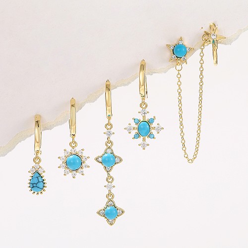 Boucles d'oreilles pentagramme de Style Simple et décontracté, chaîne plaquée en laiton, incrustation de Zircon Turquoise, plaqué or 18 carats