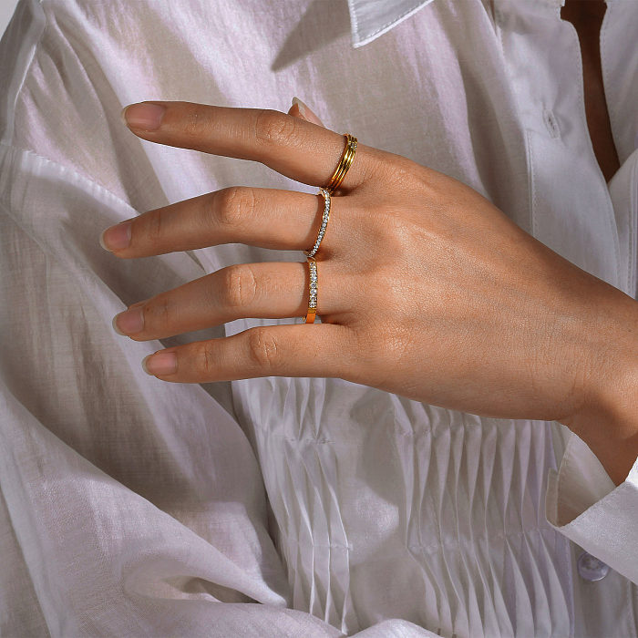 IG-Stil, schlichter Stil, einfarbig, Edelstahl-Beschichtung, Inlay, Zirkon, 18 Karat vergoldete Ringe