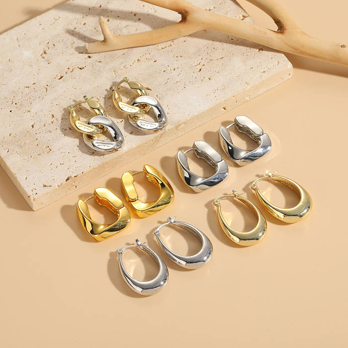 1 par elegante luxuoso estilo clássico anel duplo cobre assimétrico chapeamento brincos de argola banhados a ouro 14K