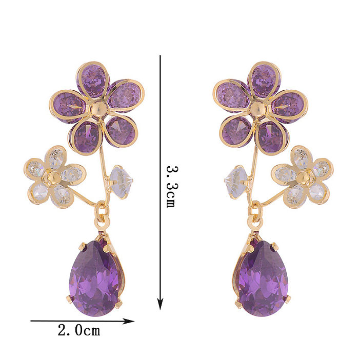 1 Pair Elegant Glam French Style Water Droplets Flower Plating Inlay Copper Zircon 14K Gold Plated Drop Earrings