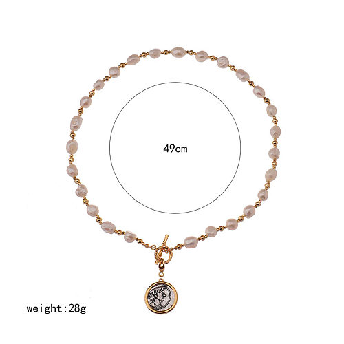 Retro Human Round Copper Plating 18K Gold Plated Pendant Necklace