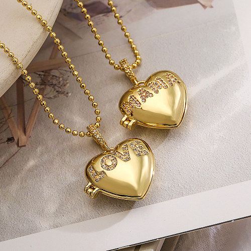 Simple Style Commute Letter Heart Shape Copper Plating Inlay Zircon 18K Gold Plated Pendant Necklace