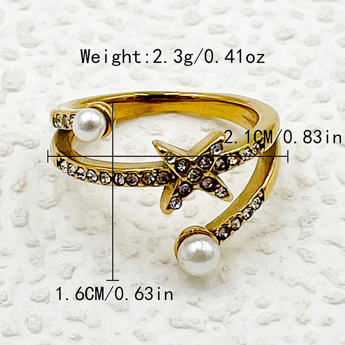 Wholesale Elegant Sweet Star Stainless Steel Layered Plating Inlay Gold Plated Pearl Zircon Rings