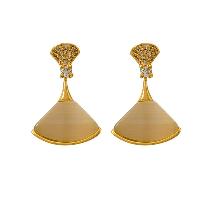 1 Pair Lady Sector Copper Plating Zircon Drop Earrings
