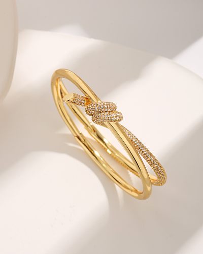 Basic Luxurious Solid Color Knot Copper Plating Inlay Zircon 18K Gold Plated Bangle