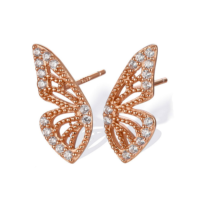 1 Paar elegante, süße, schlichte Ohrstecker mit Schmetterlingsbeschichtung, Inlay aus Kupfer, Zirkon, 24 Karat vergoldet