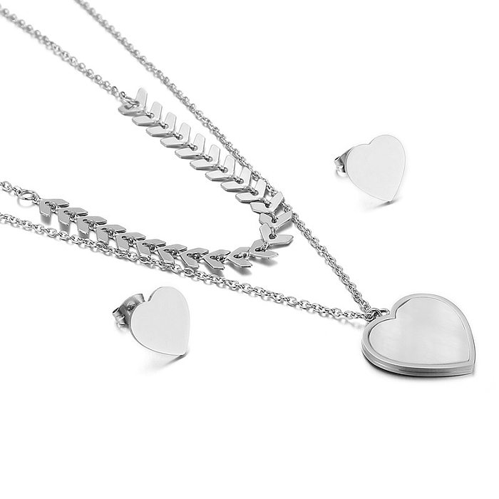 Fashion Leaves Heart Shape Titanium Steel Layered Plating Chain Shell Earrings Necklace