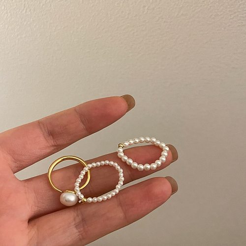 Bagues rondes en cuivre avec perles artificielles, Style Simple, 1 pièce, Patchwork