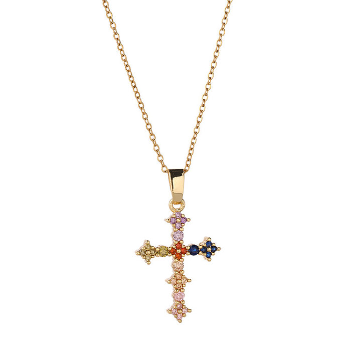Collier en cuivre avec pendentif croix en Zircon incrusté de couleur, bijoux à la mode, vente en gros