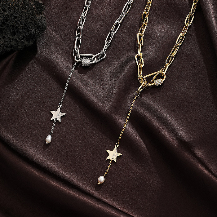 Retro Pentagram Copper Plating Inlay Freshwater Pearl Zircon 18K Gold Plated Silver Plated Necklace