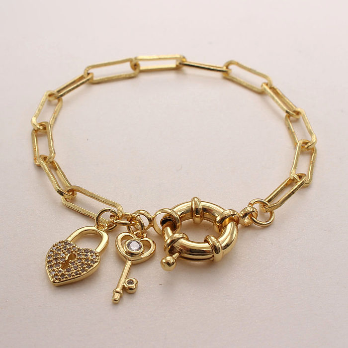 Hip-Hop Heart Shape Key Lock Copper Inlay Zircon Bracelets